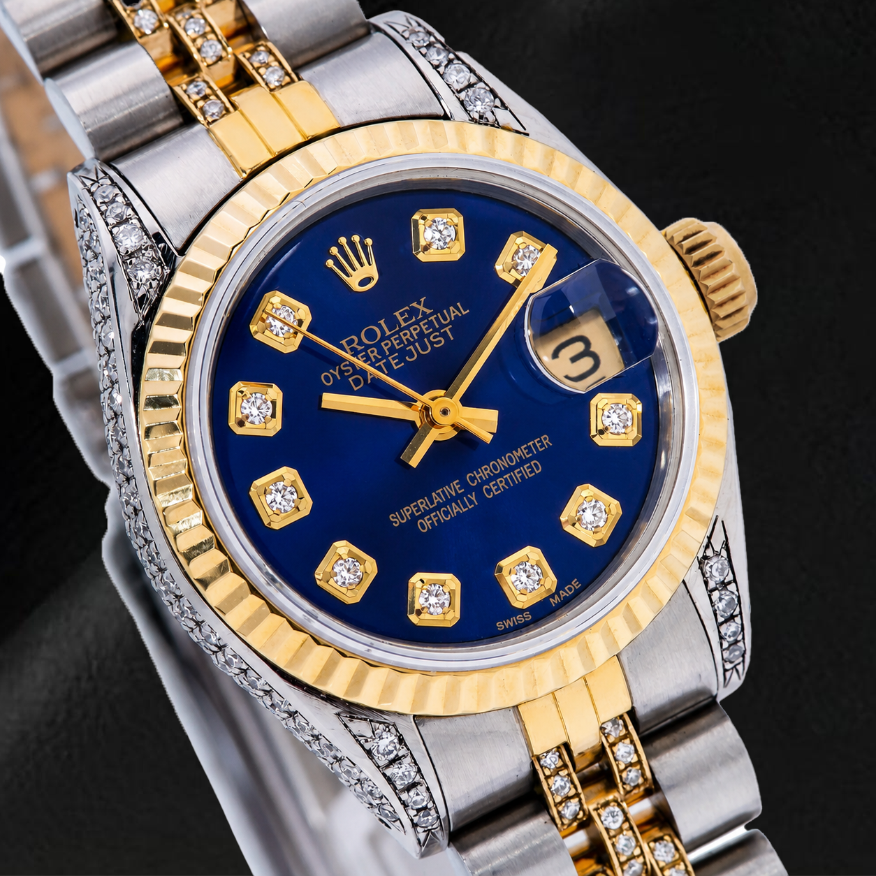 Rolex Datejust 6917 26 mm Bicolor Uhr mit blauem Diamantzifferblatt und Halb-Diamant Jubilé-Armband