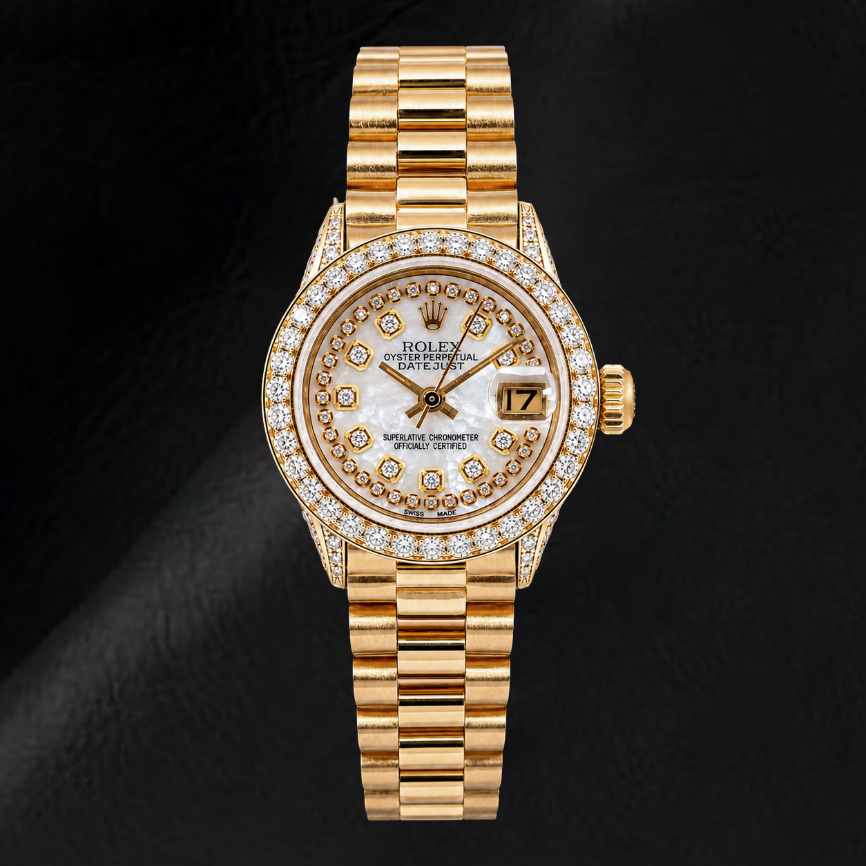 Rolex Datejust 6917 26 mm Gelbgold-Uhr mit weißem Perlmutt-Diamantzifferblatt mit Diamantkranz