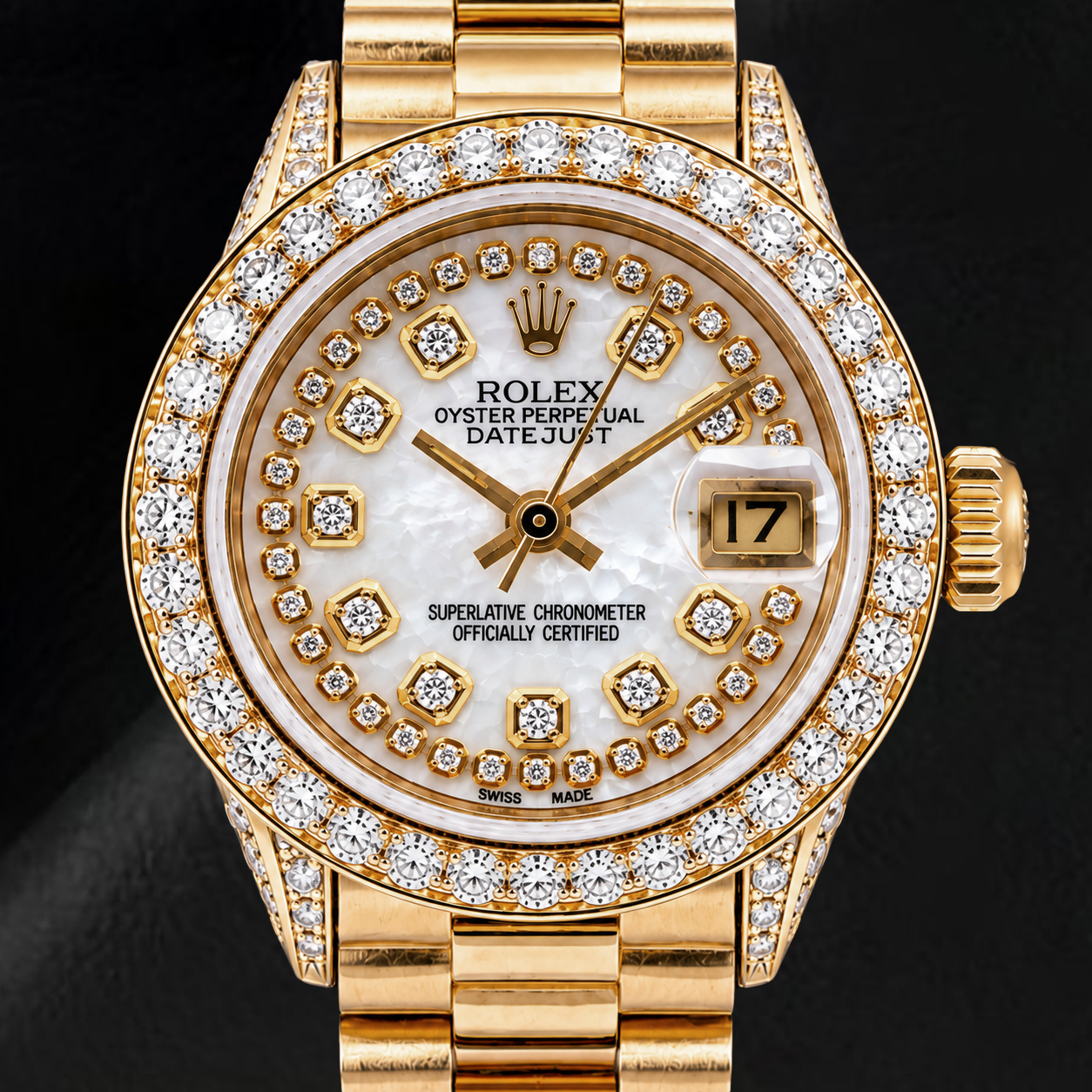 Rolex Datejust 6917 26 mm Gelbgold-Uhr mit weißem Perlmutt-Diamantzifferblatt mit Diamantkranz