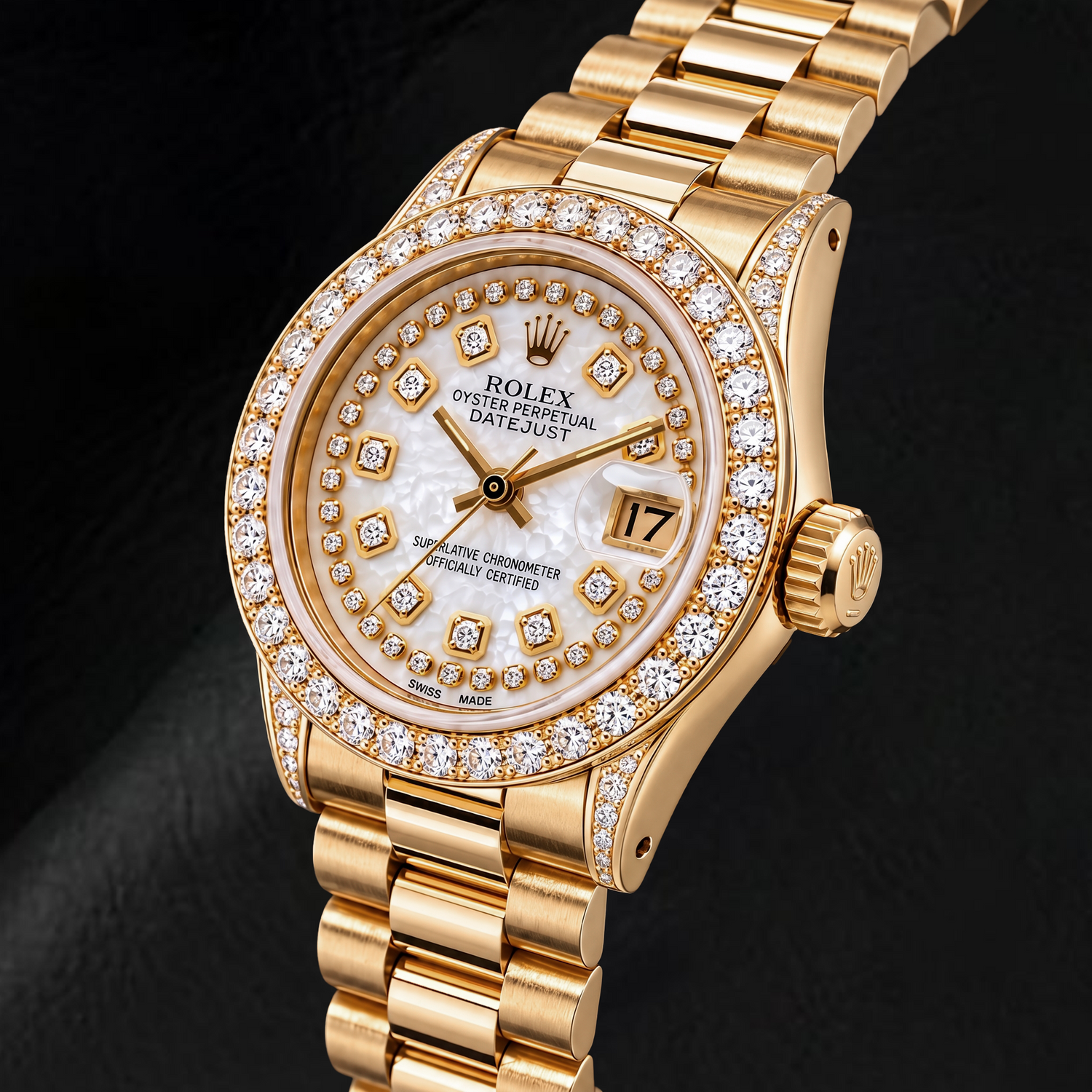 Rolex Datejust 6917 26 mm Gelbgold-Uhr mit weißem Perlmutt-Diamantzifferblatt mit Diamantkranz