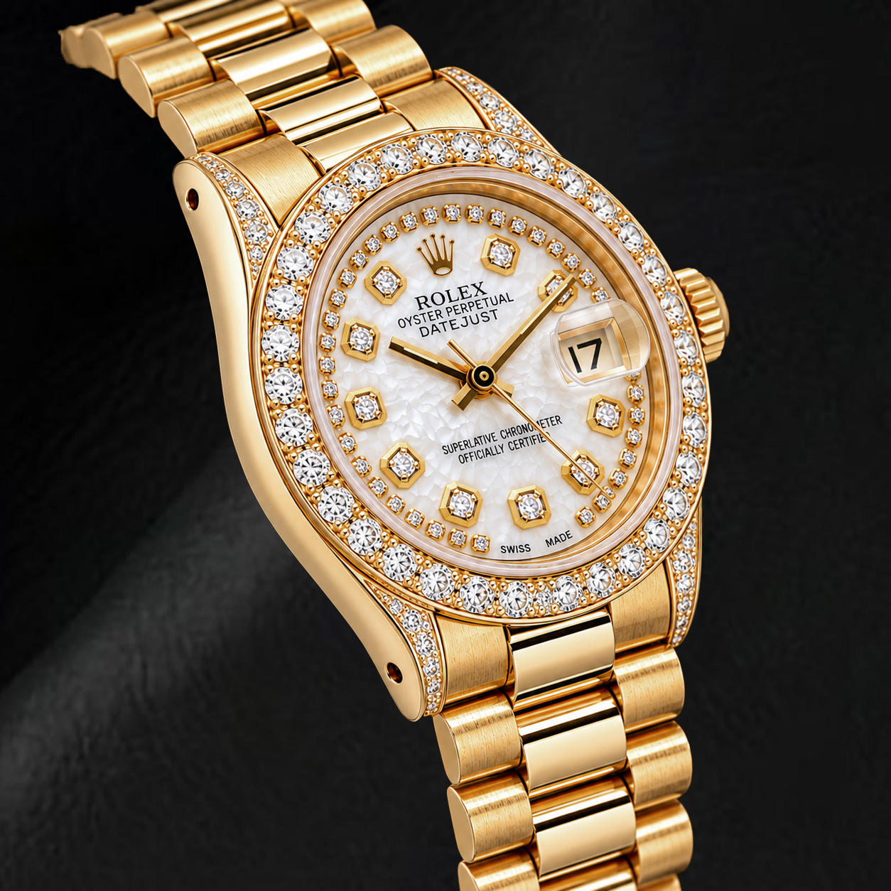 Rolex Datejust 6917 26 mm Gelbgold-Uhr mit weißem Perlmutt-Diamantzifferblatt mit Diamantkranz