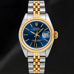 Rolex Datejust 6917 26 mm Uhr, blaues Zifferblatt mit Stabindizes, geriffelte Lünette, Bicolor Jubilé-Armband