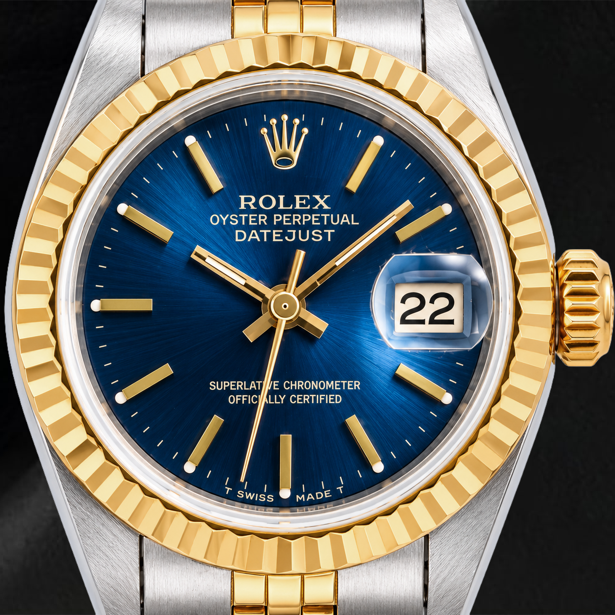 Rolex Datejust 6917 26 mm Uhr, blaues Zifferblatt mit Stabindizes, geriffelte Lünette, Bicolor Jubilé-Armband