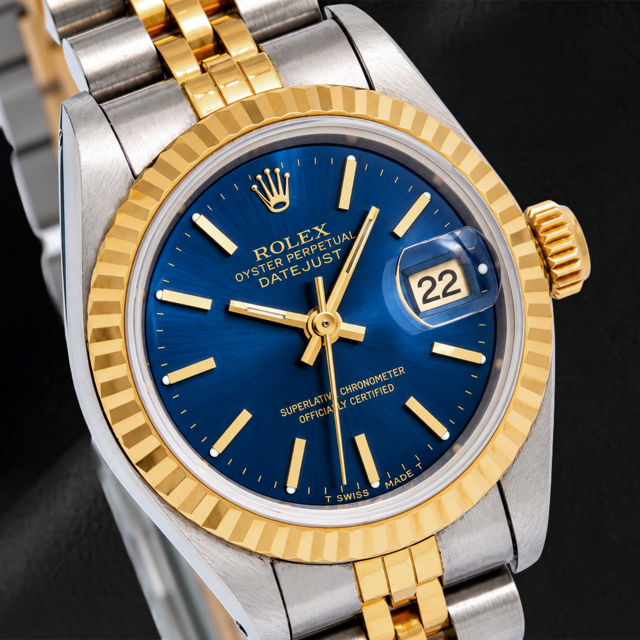 Rolex Datejust 6917 26 mm Uhr, blaues Zifferblatt mit Stabindizes, geriffelte Lünette, Bicolor Jubilé-Armband