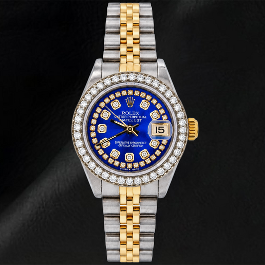 Rolex Datejust 6917 26 mm Uhr mit blauem String-Diamantzifferblatt und Bicolor Jubilé-Armband