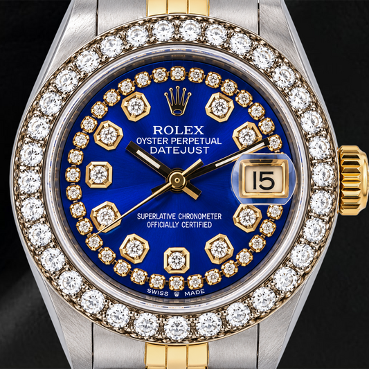 Rolex Datejust 6917 26 mm Uhr mit blauem String-Diamantzifferblatt und Bicolor Jubilé-Armband