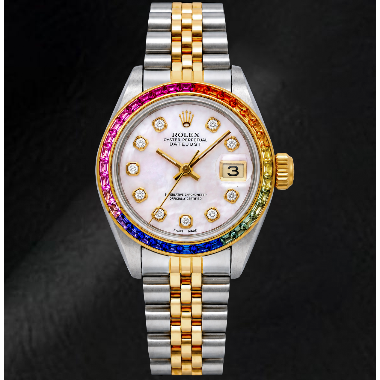 Rolex Datejust 6917 26 mm Uhr mit rosa Perlmutt-Diamantzifferblatt und Bicolor Jubilé-Armband