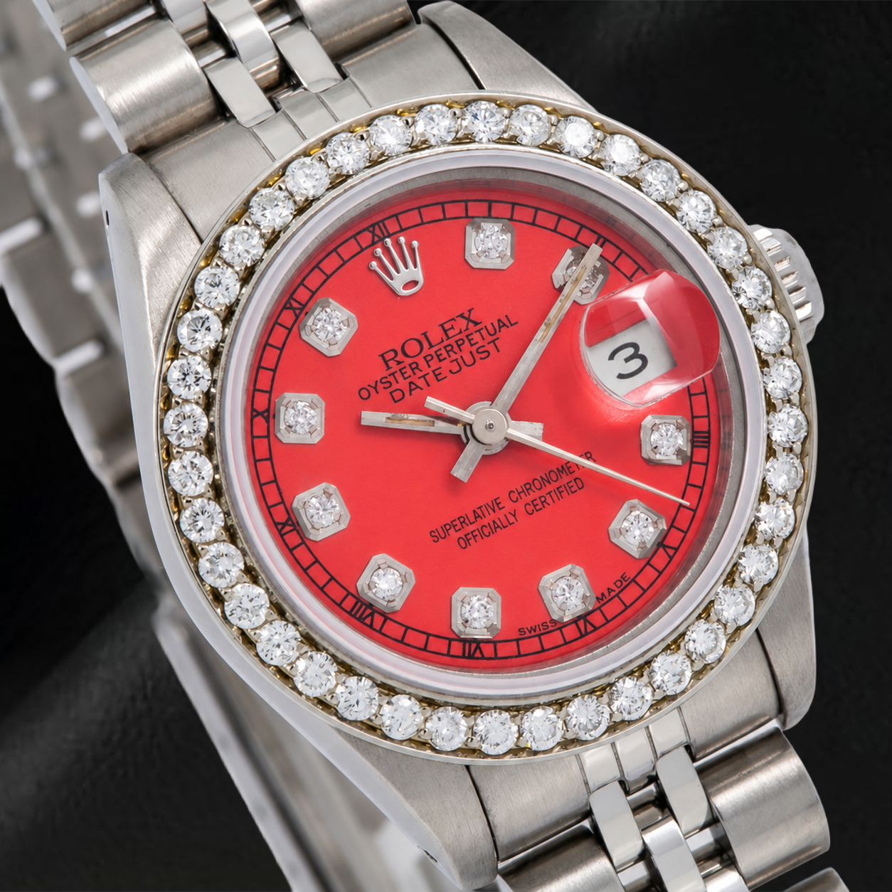 Rolex Datejust 6917 26 mm Uhr Rotes Diamantzifferblatt Edelstahl Jubilé-Armband