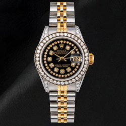 Rolex Datejust 6917 26 mm Uhr, schwarzes Diamantzifferblatt mit Diamantkranz, Bicolor, Jubilé-Armband