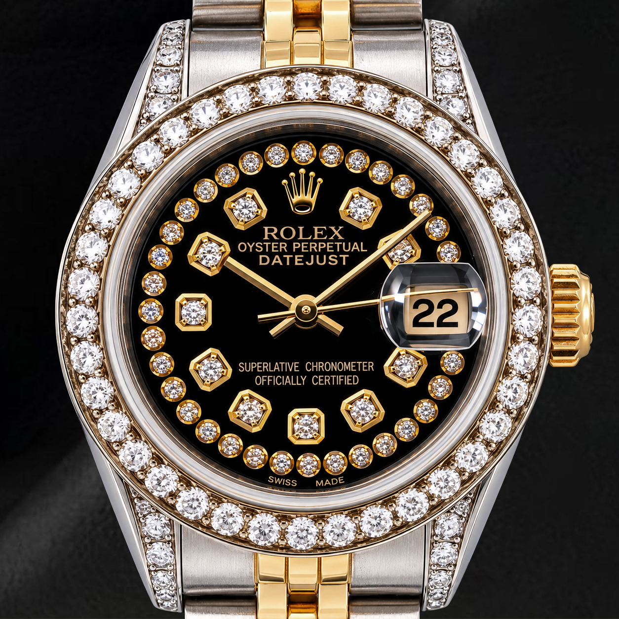 Rolex Datejust 6917 26 mm Uhr, schwarzes Diamantzifferblatt mit Diamantkranz, Bicolor, Jubilé-Armband