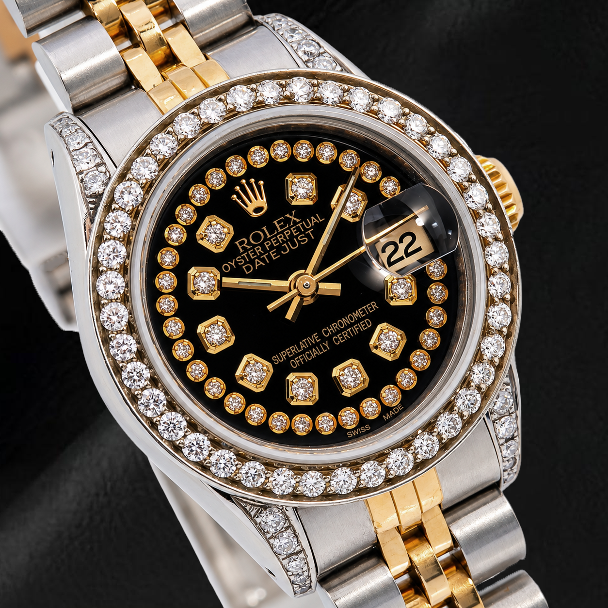 Rolex Datejust 6917 26 mm Uhr, schwarzes Diamantzifferblatt mit Diamantkranz, Bicolor, Jubilé-Armband