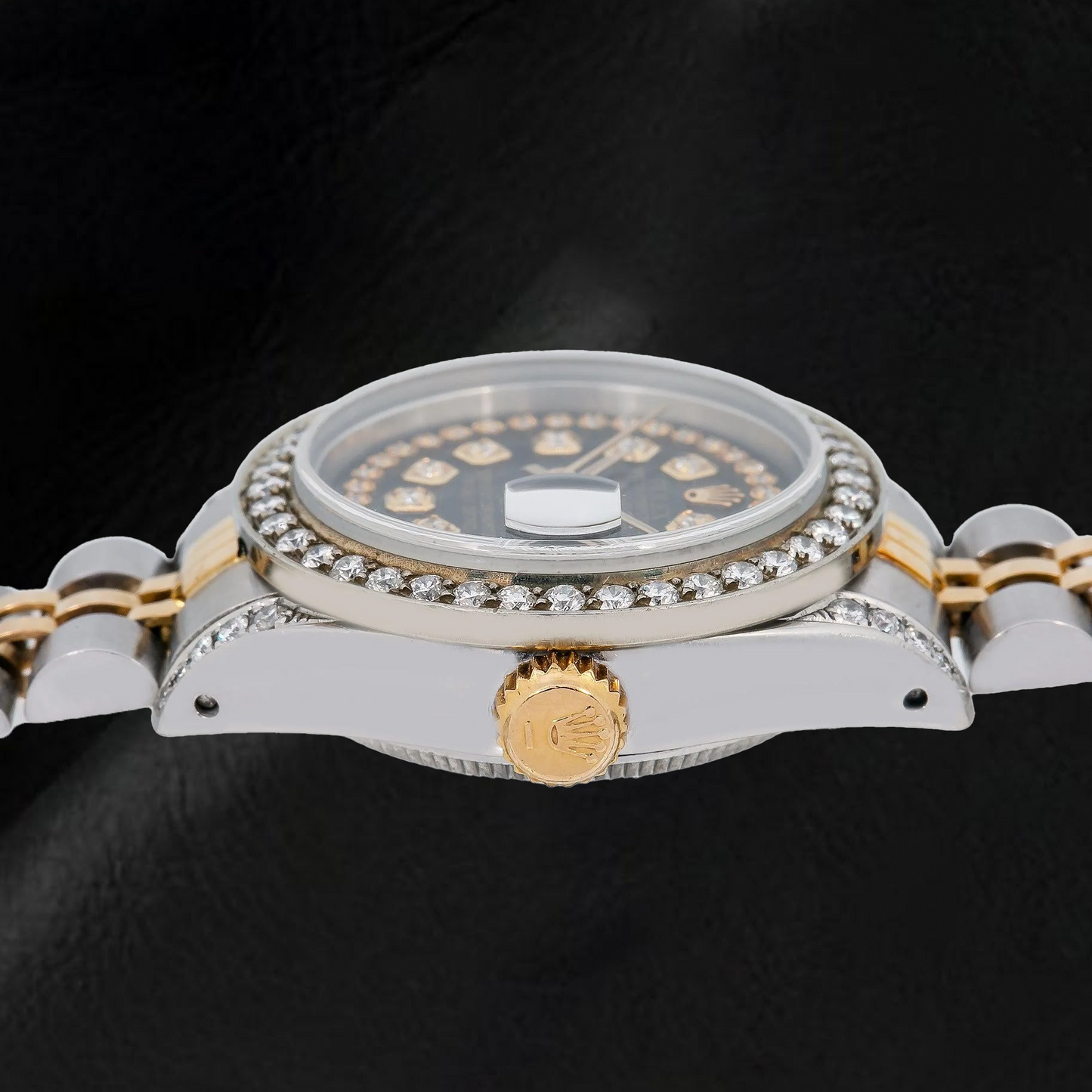Rolex Datejust 6917 26 mm Uhr, schwarzes Diamantzifferblatt mit Diamantkranz, Bicolor, Jubilé-Armband