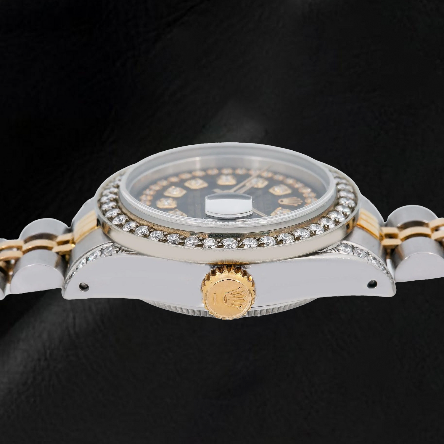 Rolex Datejust 6917 26 mm Uhr, schwarzes Diamantzifferblatt mit Diamantkranz, Bicolor, Jubilé-Armband