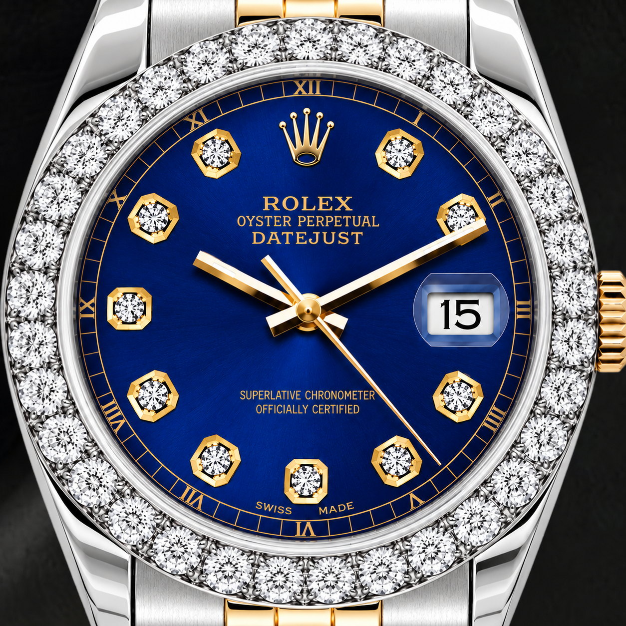 Rolex Datejust 69173 26 mm Bicolor Uhr mit blauem Diamantzifferblatt und Jubilé-Armband