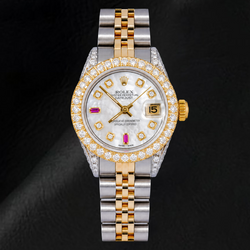 Rolex Datejust 69173 26 mm Bicolor-Uhr mit weißem Perlmutt-Diamantzifferblatt