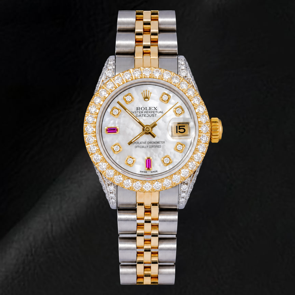 Rolex Datejust 69173 26 mm Bicolor-Uhr mit weißem Perlmutt-Diamantzifferblatt