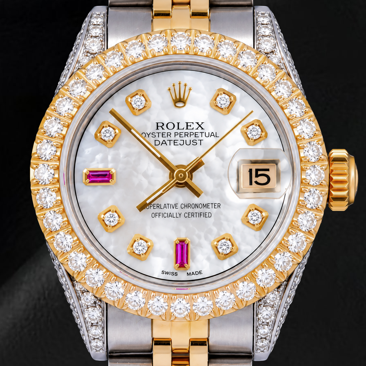 Rolex Datejust 69173 26 mm Bicolor-Uhr mit weißem Perlmutt-Diamantzifferblatt