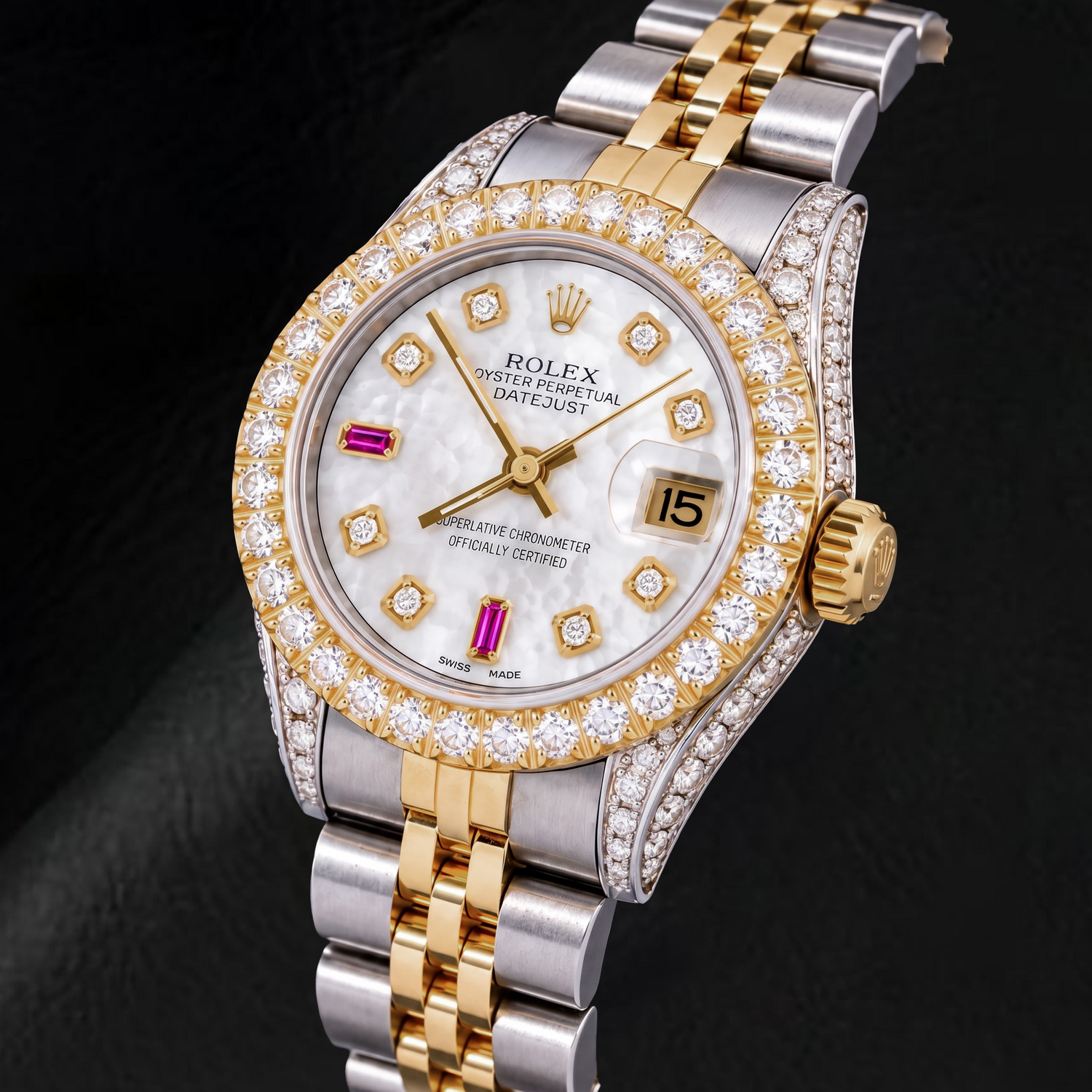 Rolex Datejust 69173 26 mm Bicolor-Uhr mit weißem Perlmutt-Diamantzifferblatt