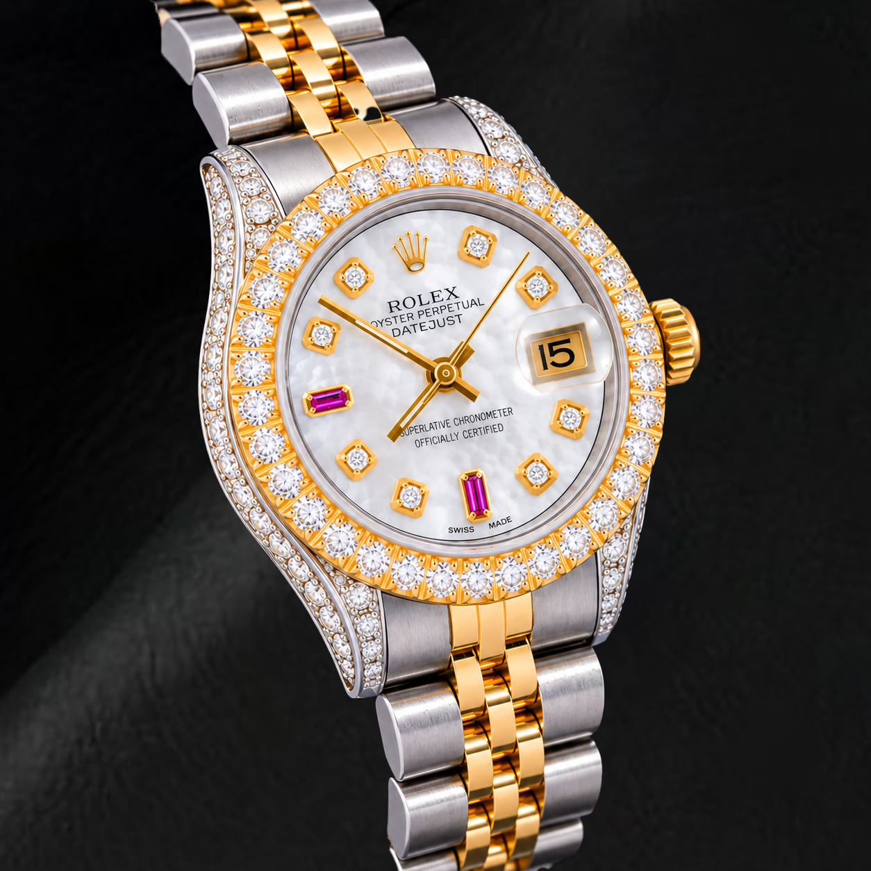Rolex Datejust 69173 26 mm Bicolor-Uhr mit weißem Perlmutt-Diamantzifferblatt