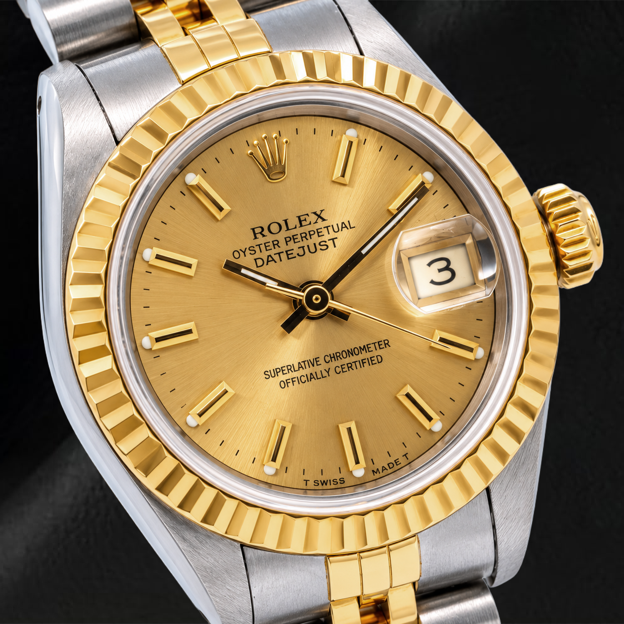 Rolex Datejust 69173 26 mm Champagnerfarbenes Zifferblatt mit Stabindizes Bicolor Jubilé-Armband Uhr
