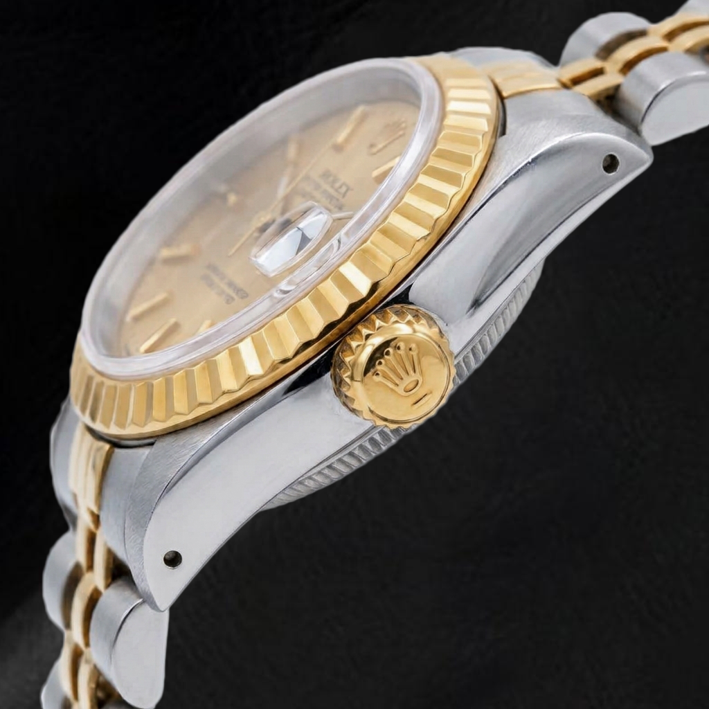Rolex Datejust 69173 26 mm Champagnerfarbenes Zifferblatt mit Stabindizes Bicolor Jubilé-Armband Uhr