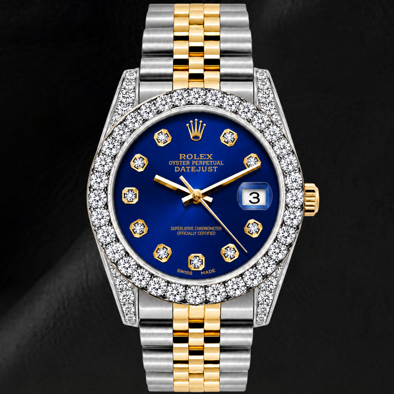 Rolex Datejust 69173 26 mm Uhr mit blauem Diamantzifferblatt und Bicolor Jubilé-Armband