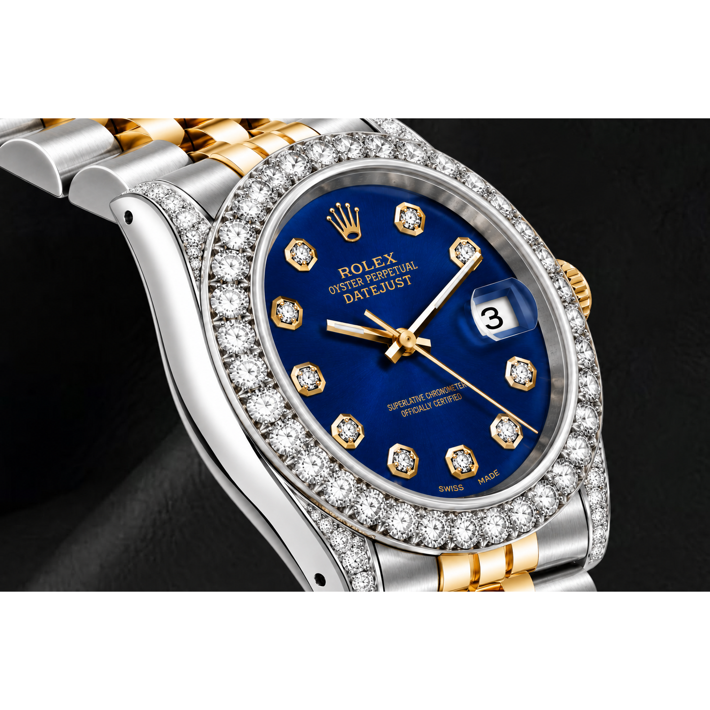 Rolex Datejust 69173 26 mm Uhr mit blauem Diamantzifferblatt und Bicolor Jubilé-Armband