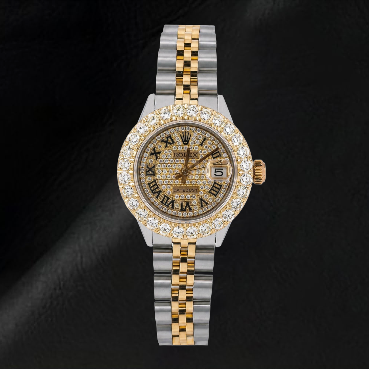 Rolex Datejust 69173 26 mm Uhr mit Pavé-Diamant-Zifferblatt mit römischen Ziffern, Bicolor, Jubilé-Armband