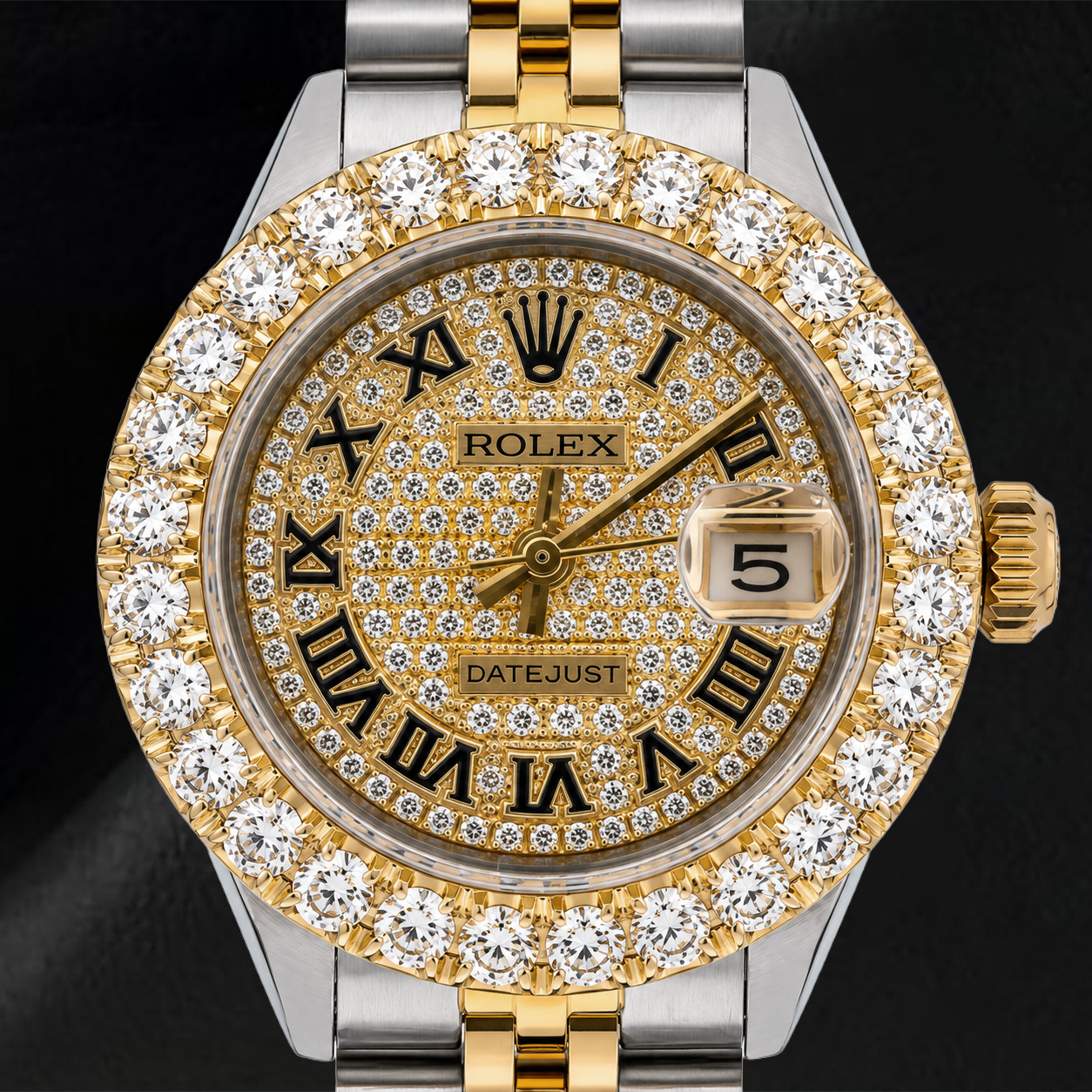 Rolex Datejust 69173 26 mm Uhr mit Pavé-Diamant-Zifferblatt mit römischen Ziffern, Bicolor, Jubilé-Armband