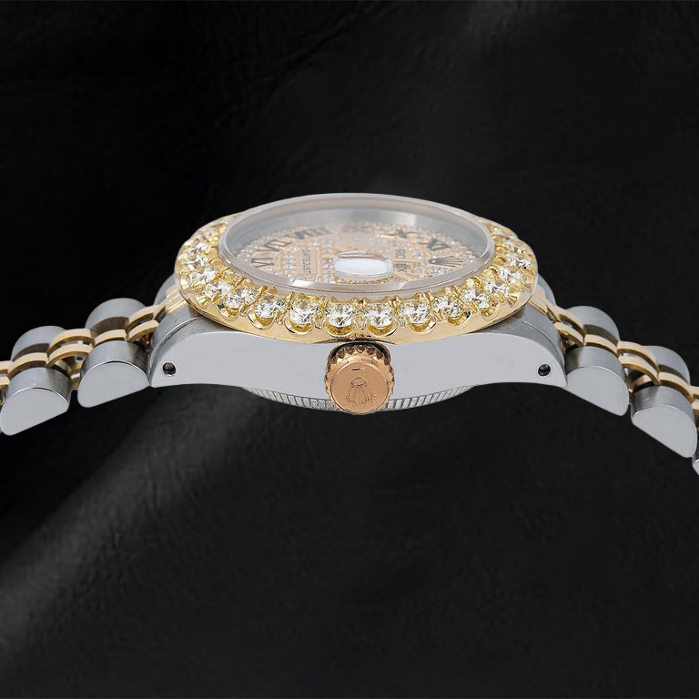 Rolex Datejust 69173 26 mm Uhr mit Pavé-Diamant-Zifferblatt mit römischen Ziffern, Bicolor, Jubilé-Armband