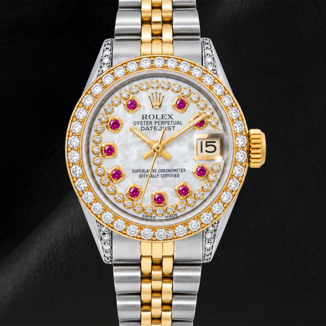 Rolex Datejust 69173 26 mm Uhr, weißes Perlmutt-Diamantzifferblatt mit Diamantkranz, Bicolor, Jubilé-Armband