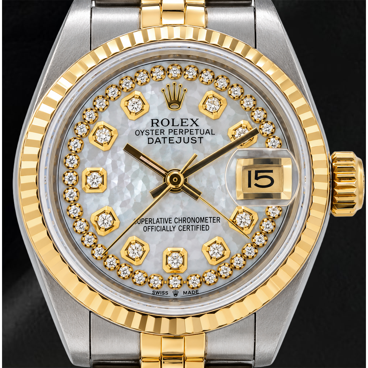 Rolex Datejust 69173 26 mm Uhr, weißes Perlmutt-Diamantzifferblatt mit Diamantkranz, Bicolor Jubilé-Armband