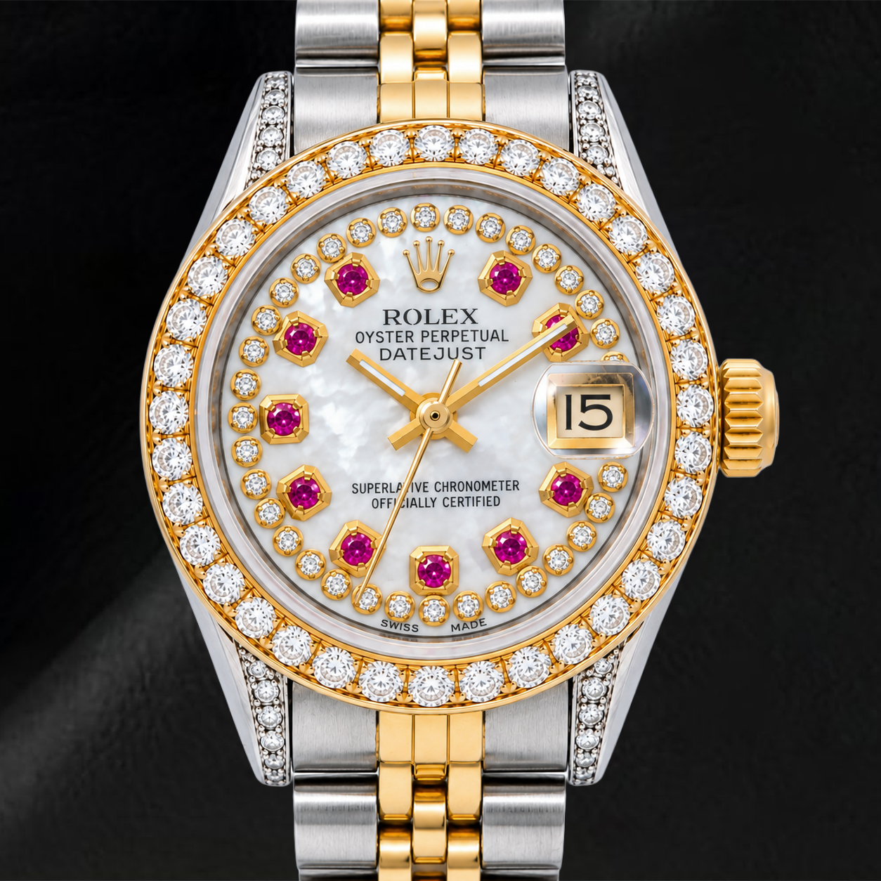 Rolex Datejust 69173 26 mm Uhr, weißes Perlmutt-Diamantzifferblatt mit Diamantkranz, Bicolor, Jubilé-Armband