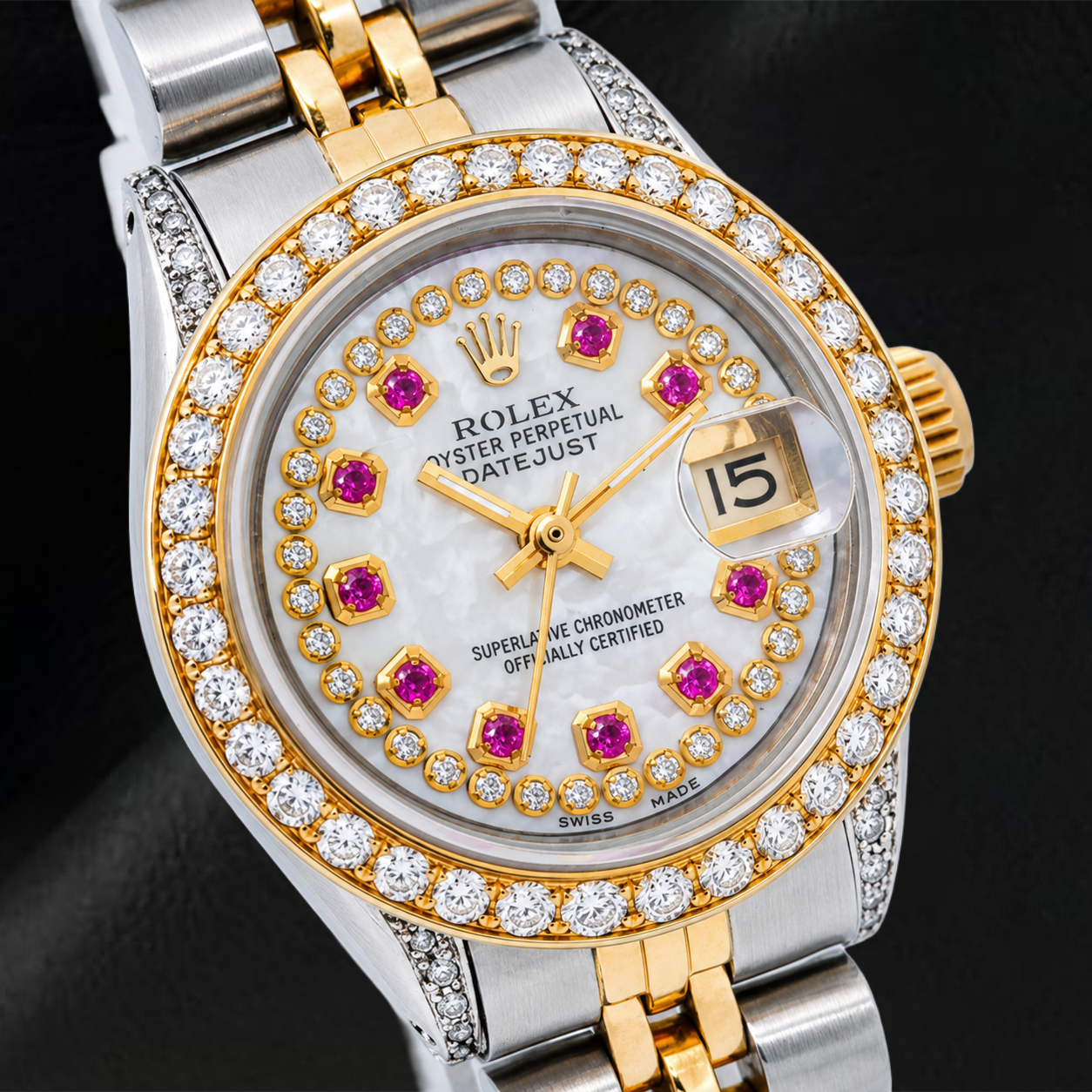 Rolex Datejust 69173 26 mm Uhr, weißes Perlmutt-Diamantzifferblatt mit Diamantkranz, Bicolor, Jubilé-Armband
