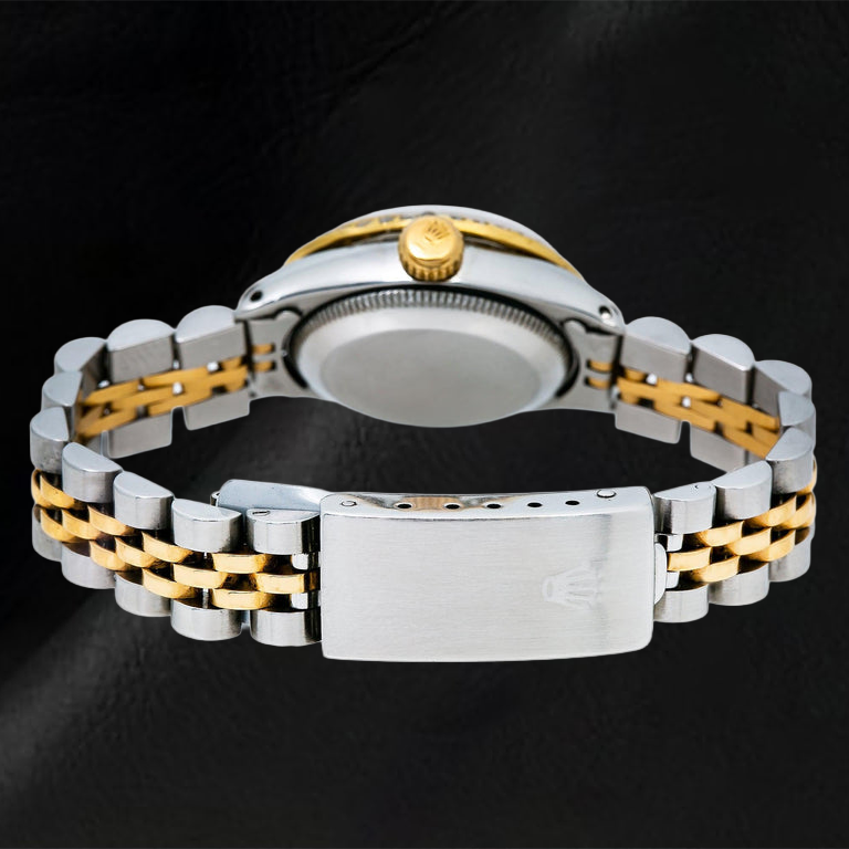 Rolex Datejust 69173 26 mm Uhr, weißes Perlmutt-Diamantzifferblatt mit Diamantkranz, Bicolor, Jubilé-Armband