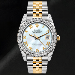 Rolex Datejust 69173 26 mm Uhr, weißes Perlmutt-Zifferblatt mit römischen Ziffern, Bicolor Jubilé-Armband