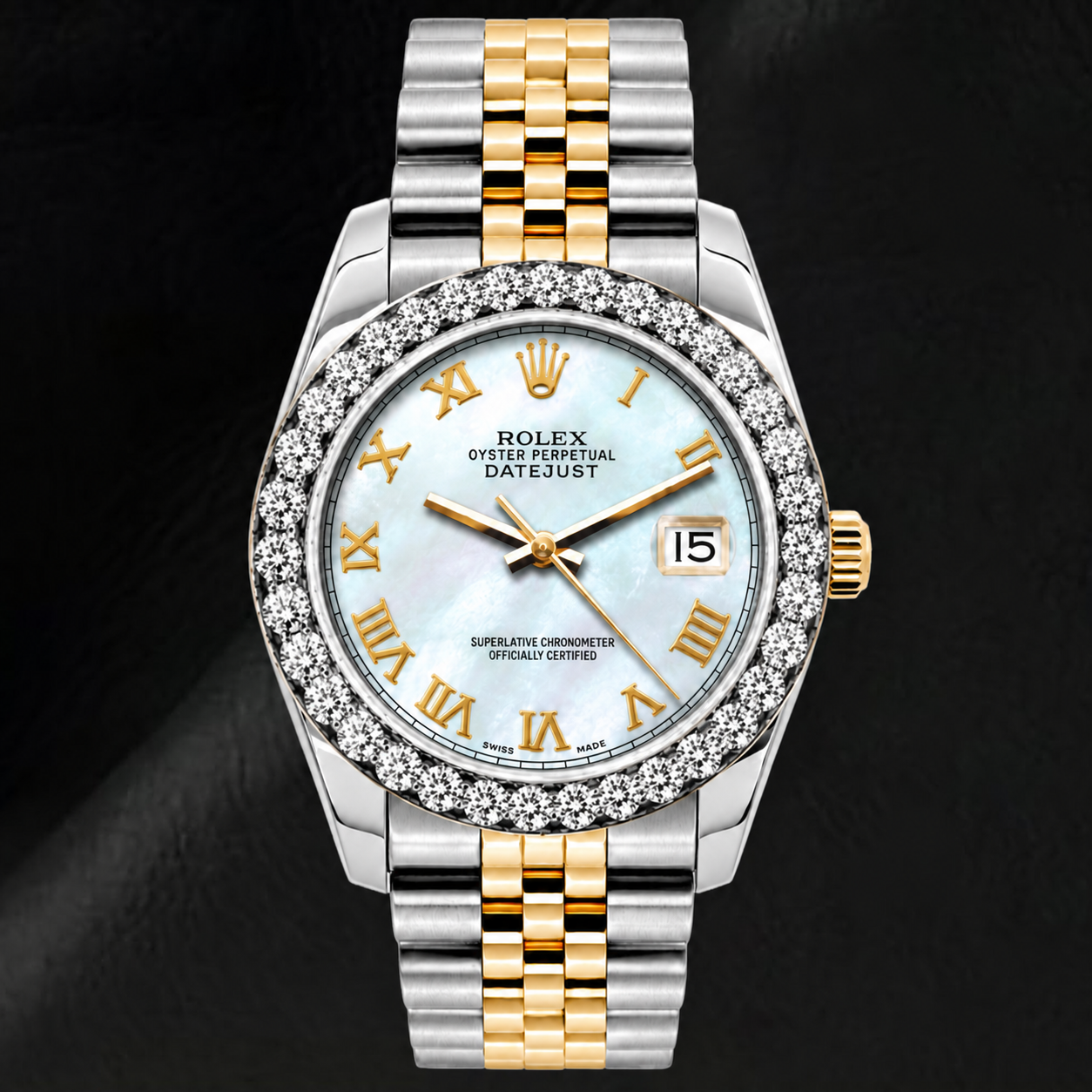 Rolex Datejust 69173 26 mm Uhr, weißes Perlmutt-Zifferblatt mit römischen Ziffern, Bicolor Jubilé-Armband