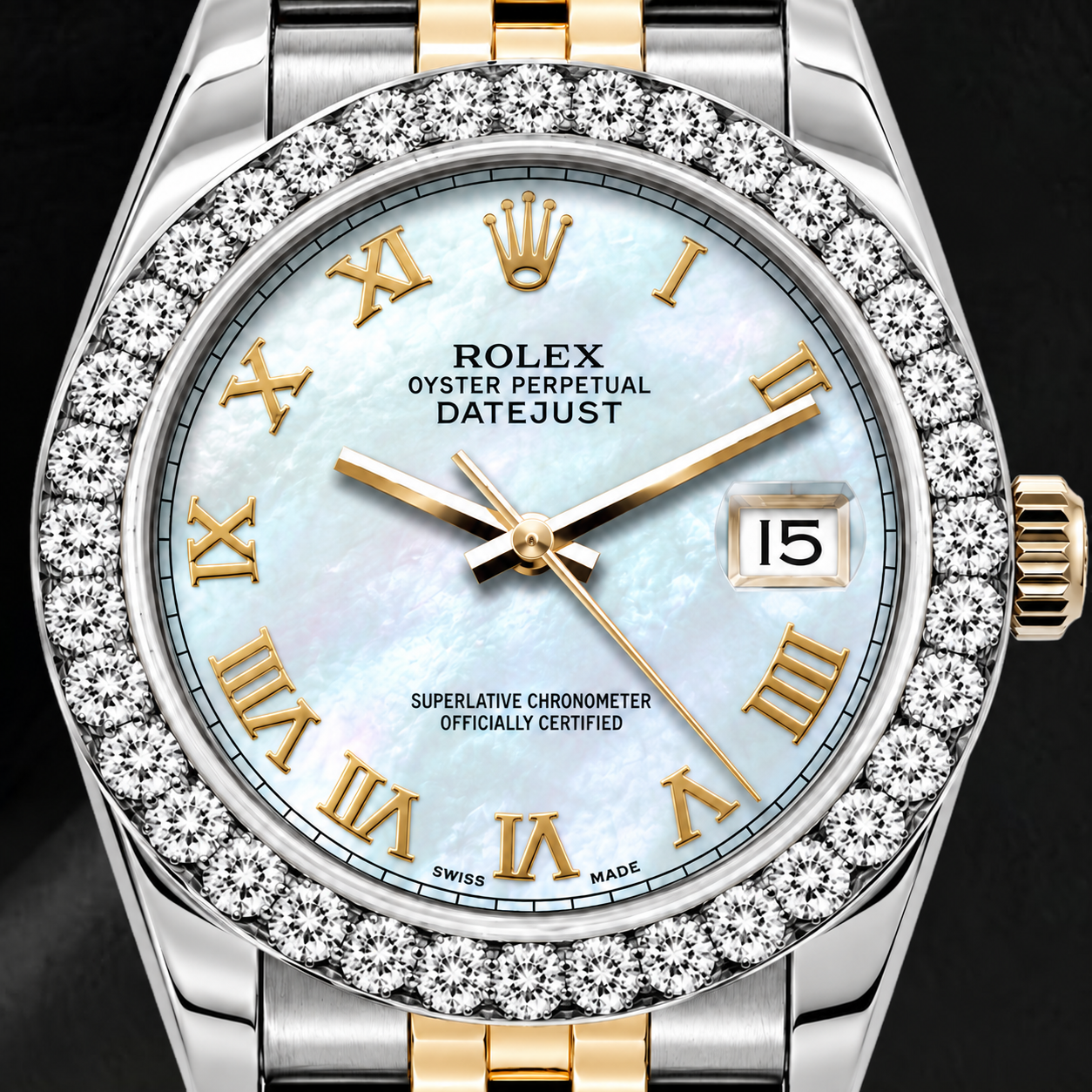 Rolex Datejust 69173 26 mm Uhr, weißes Perlmutt-Zifferblatt mit römischen Ziffern, Bicolor Jubilé-Armband