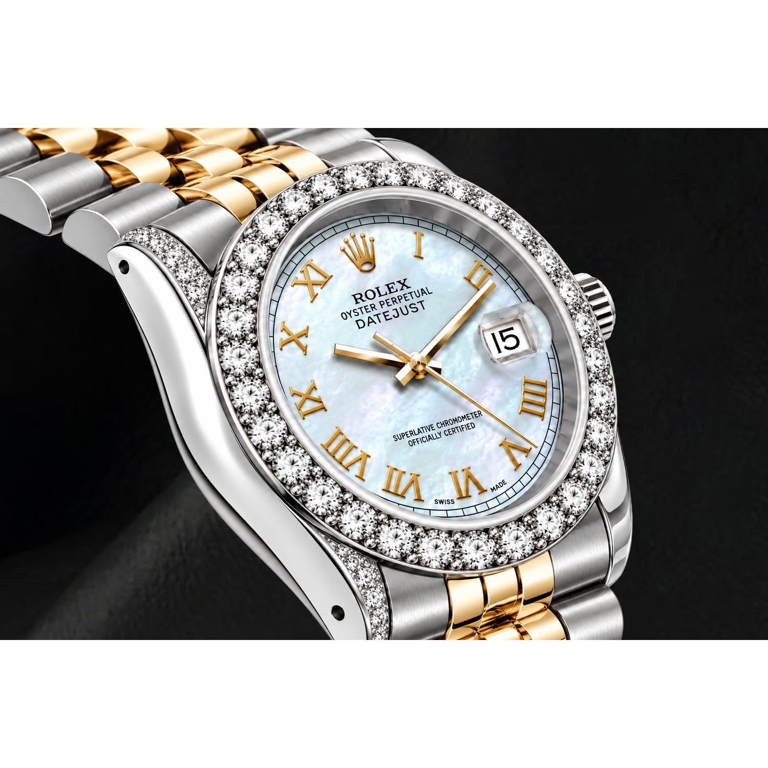 Rolex Datejust 69173 26 mm Uhr, weißes Perlmutt-Zifferblatt mit römischen Ziffern, Bicolor Jubilé-Armband