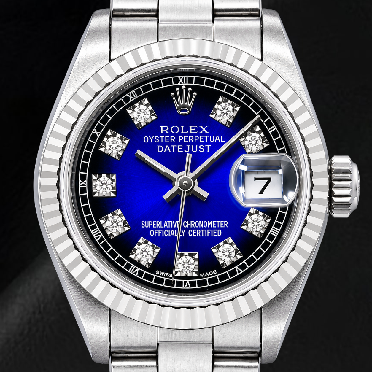 Rolex Datejust 69174 26 mm Edelstahl-Uhr mit blauem Original-Diamantzifferblatt