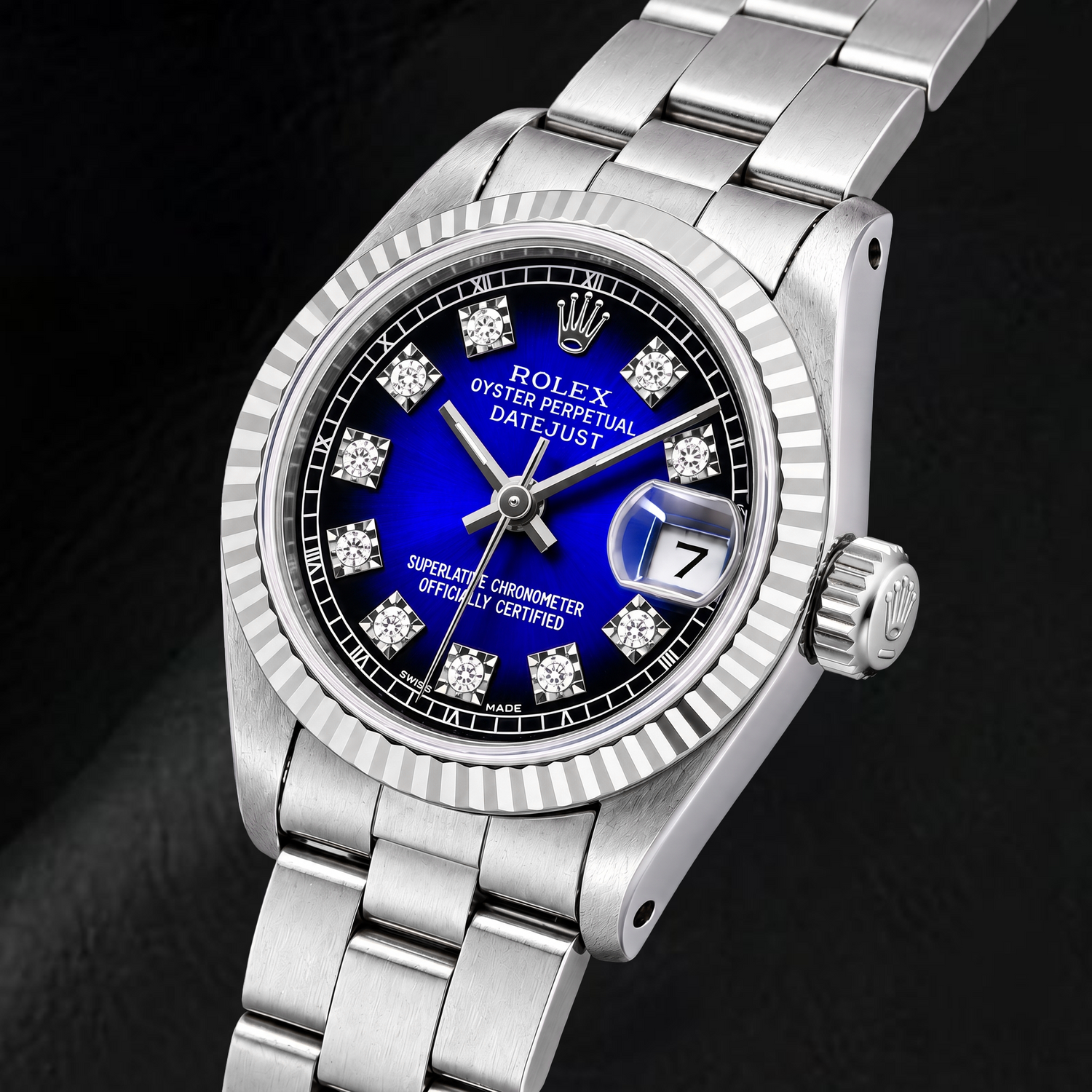 Rolex Datejust 69174 26 mm Edelstahl-Uhr mit blauem Original-Diamantzifferblatt