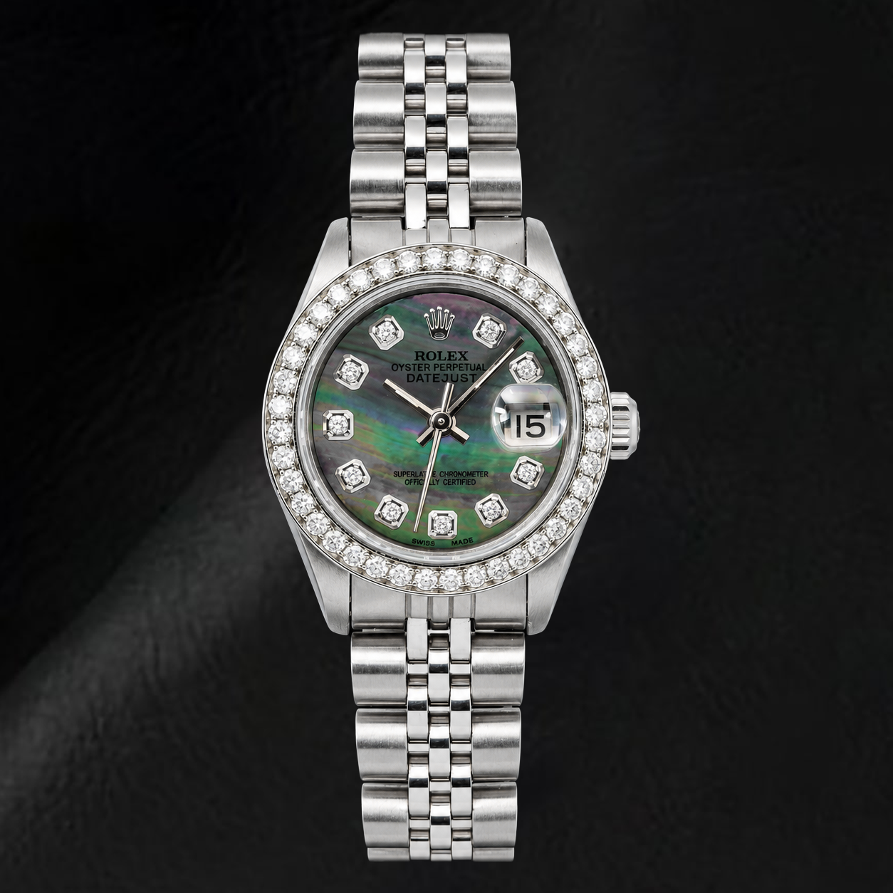 Rolex Datejust 69174 26 mm Uhr aus Edelstahl mit schwarzem Perlmutt-Diamantzifferblatt