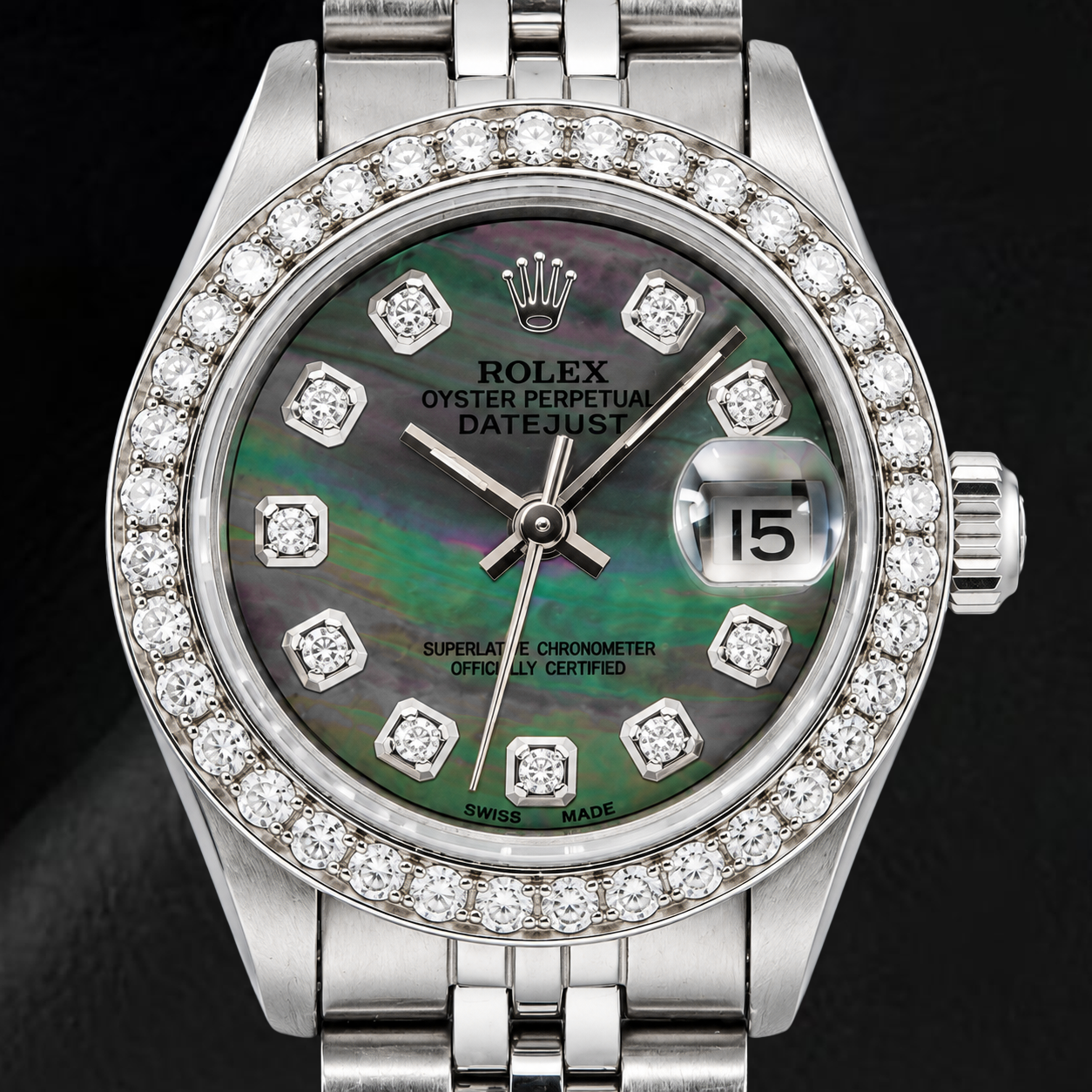 Rolex Datejust 69174 26 mm Uhr aus Edelstahl mit schwarzem Perlmutt-Diamantzifferblatt