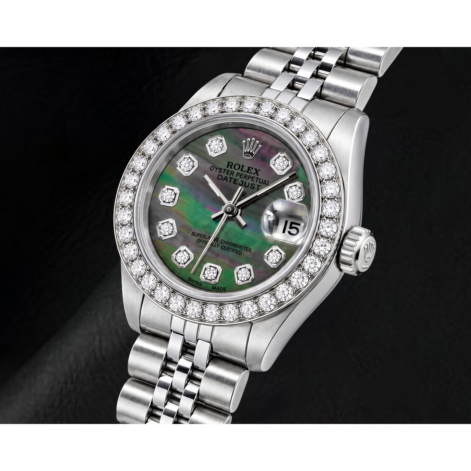 Rolex Datejust 69174 26 mm Uhr aus Edelstahl mit schwarzem Perlmutt-Diamantzifferblatt