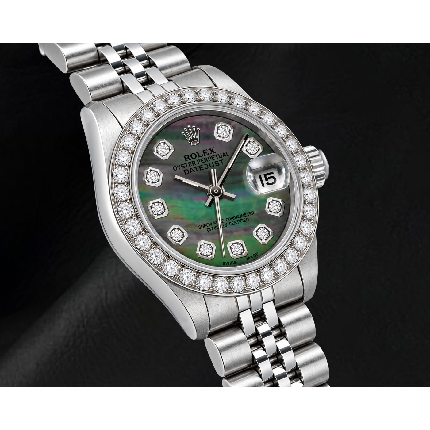 Rolex Datejust 69174 26 mm Uhr aus Edelstahl mit schwarzem Perlmutt-Diamantzifferblatt