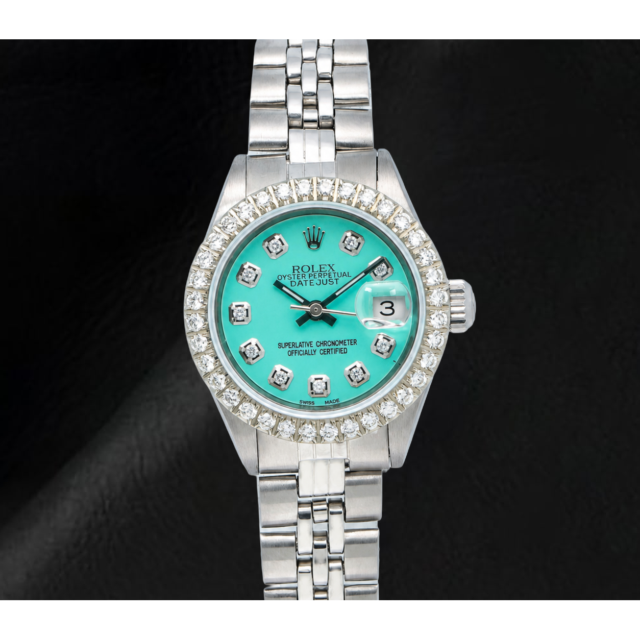 Rolex Datejust 69174 26 mm Uhr mit Türkis-Diamantzifferblatt und Jubilé-Armband aus Edelstahl
