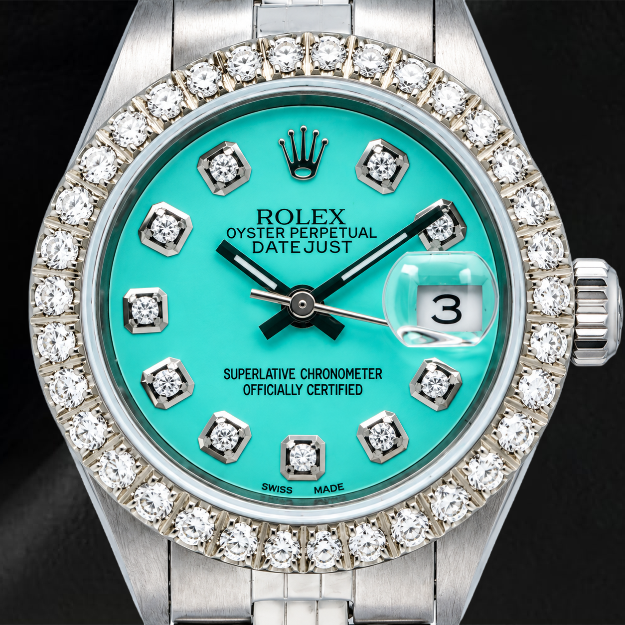Rolex Datejust 69174 26 mm Uhr mit Türkis-Diamantzifferblatt und Jubilé-Armband aus Edelstahl