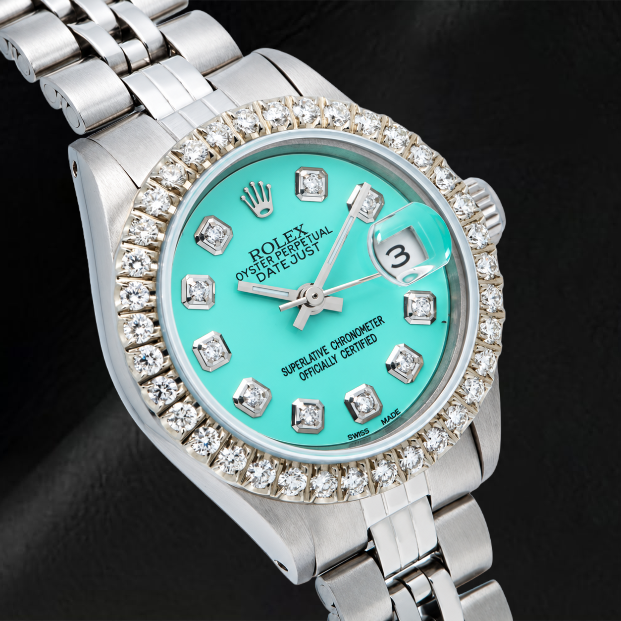 Rolex Datejust 69174 26 mm Uhr mit Türkis-Diamantzifferblatt und Jubilé-Armband aus Edelstahl