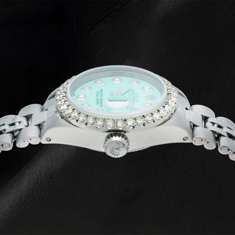 Rolex Datejust 69174 26 mm Uhr mit Türkis-Diamantzifferblatt und Jubilé-Armband aus Edelstahl
