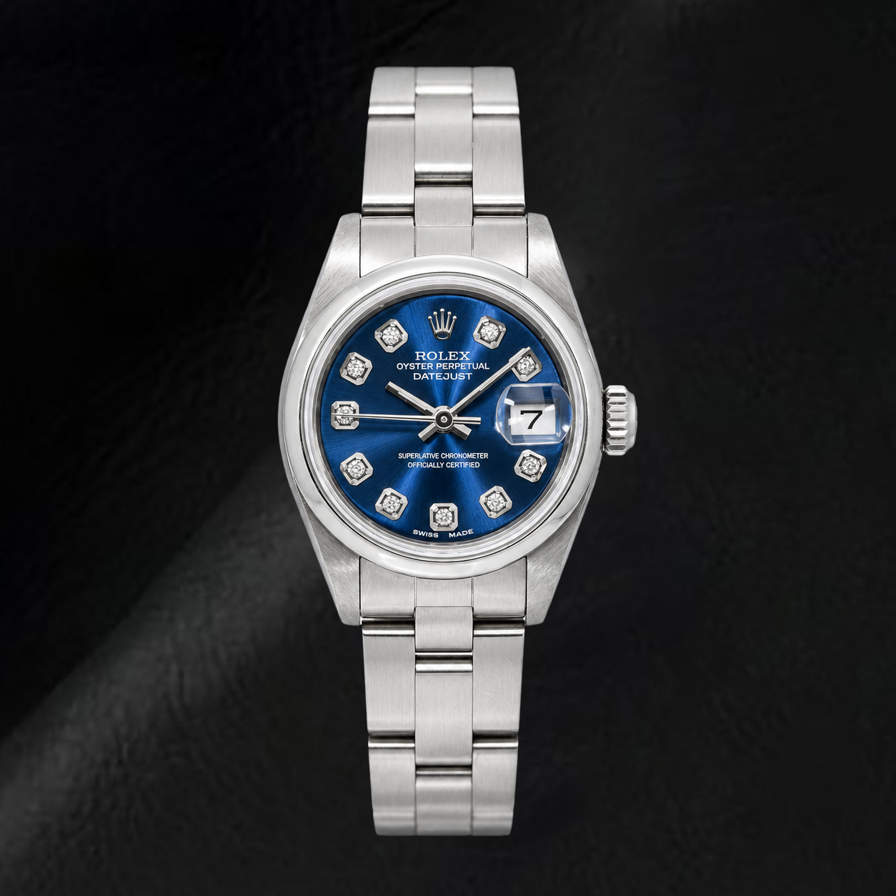 Rolex Datejust 69240 26 mm Uhr aus Edelstahl mit blauem Diamantzifferblatt